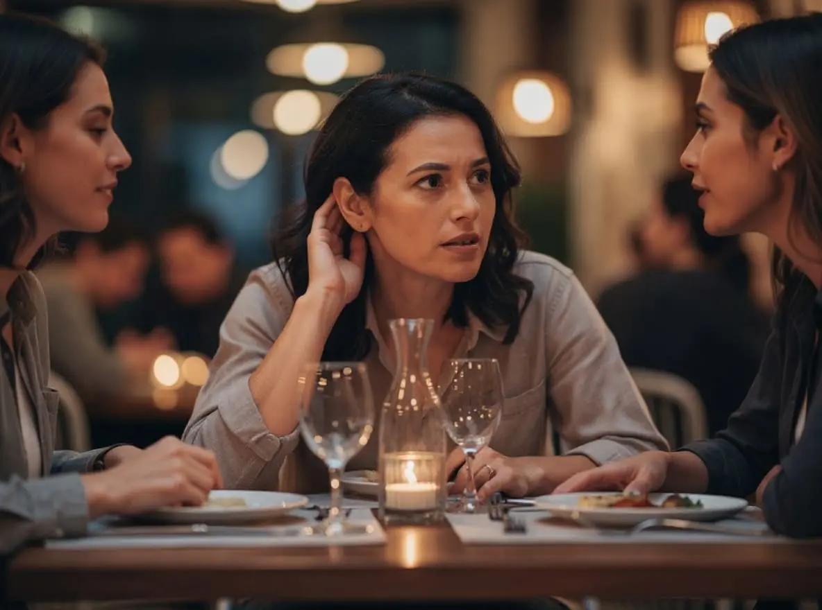 Mulher jovem em um restaurante, esforçando-se para acompanhar a conversa.