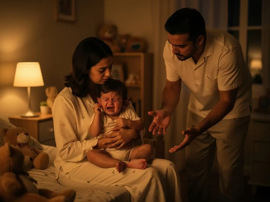 Criança pequena no colo da mãe, de noite, no quarto, com o pai ao lado.