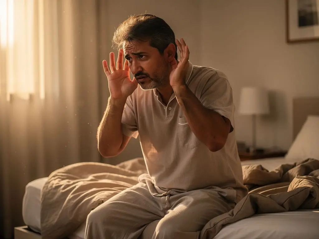 Adulto recém-acordado, de pijama, incomodado com a audição e com zumbido.