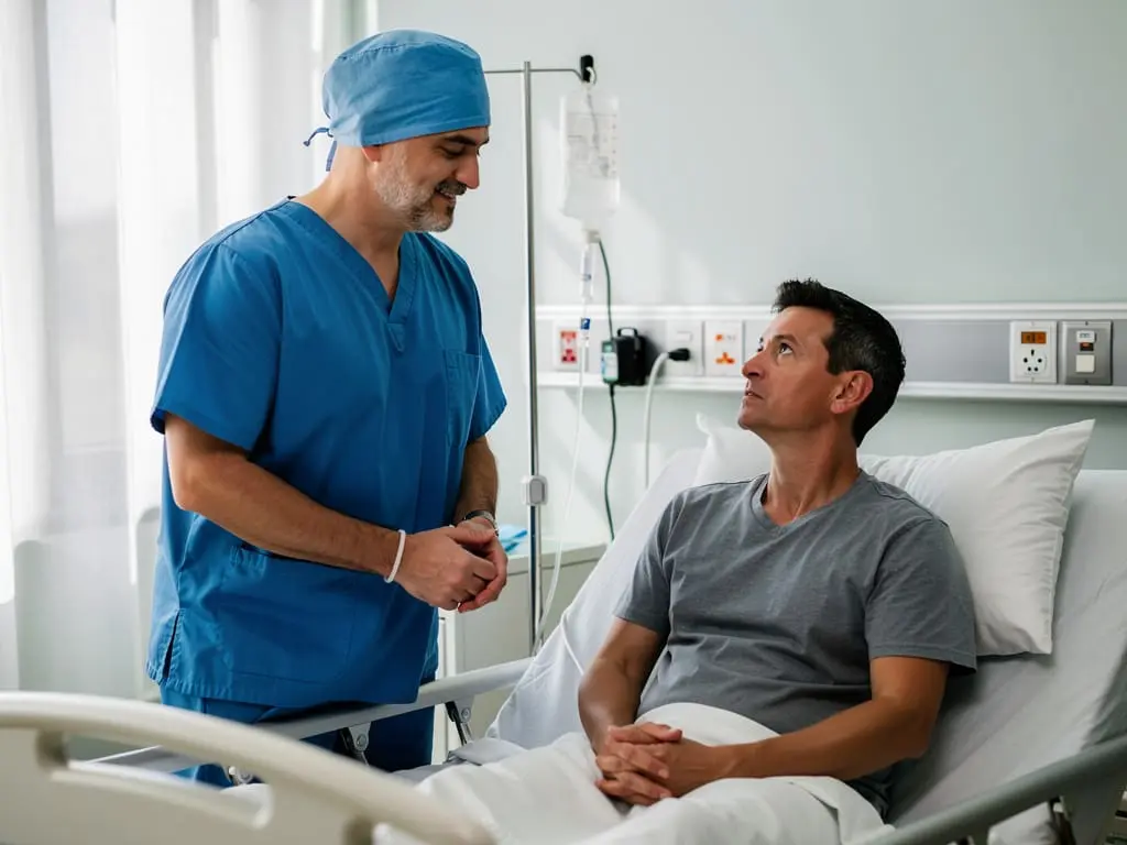 Conversa entre o cirurgião e o paciente no hospital, depois da cirurgia.