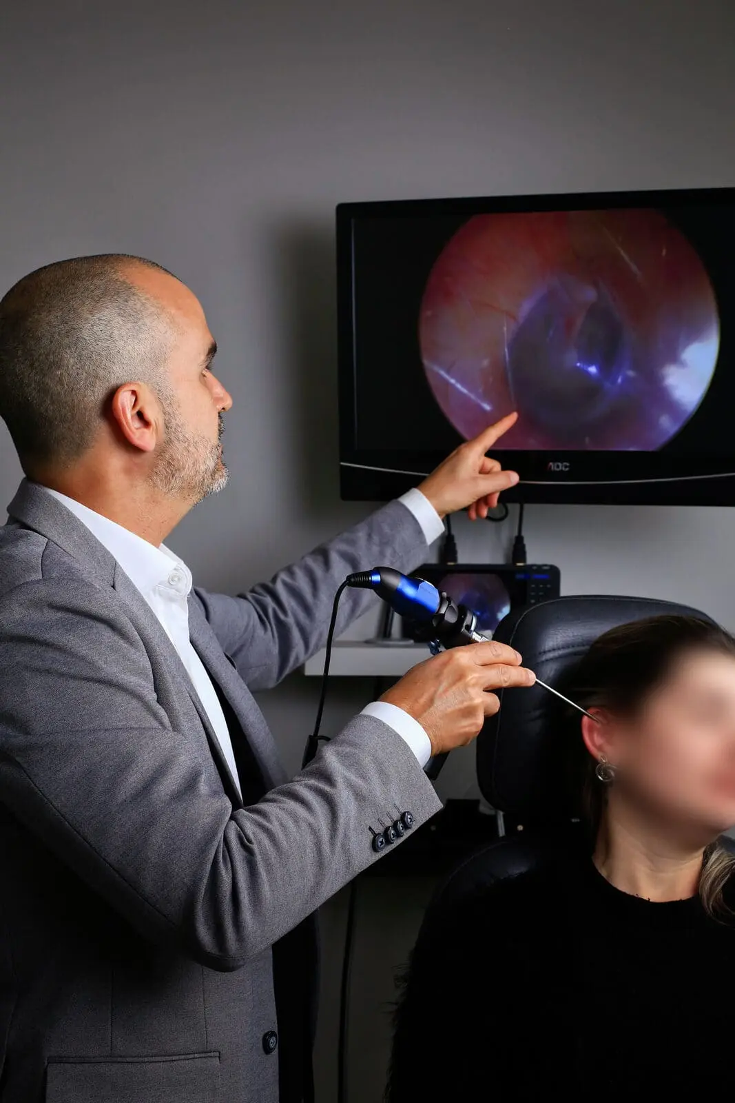 Dr. Fábio mostrando imagens da otoendoscopia na tela.